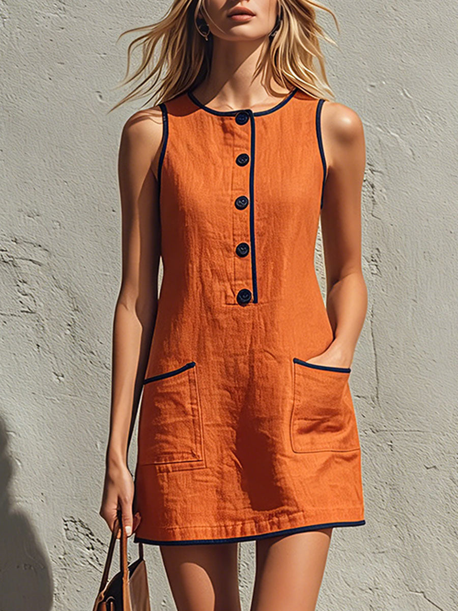Casual Retro Color-blocked Trim Blue Sleeveless Round Neck Cotton Linen Mini Dress