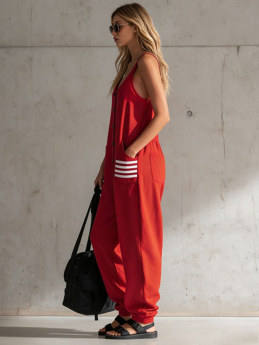 Loose-fitting Retro Sporty Red Cotton Sleeveless Jumpsuit Overalls
