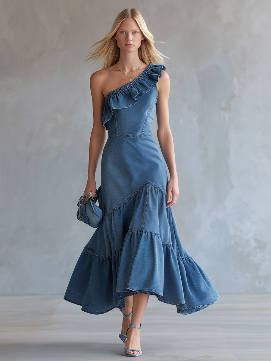 One-shoulder Ruffled Sleeveless Denim Maxi Dress