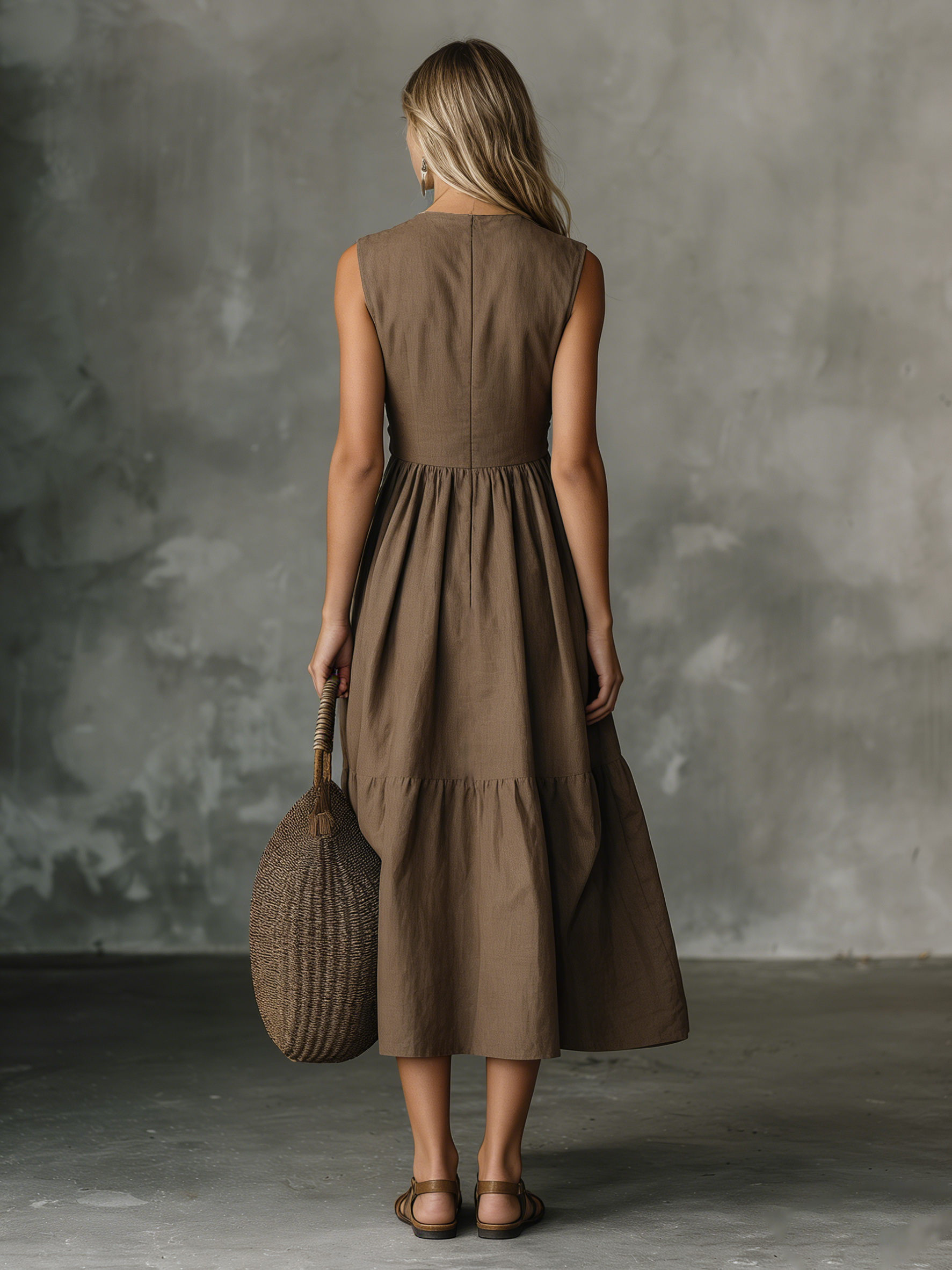 Casual And Comfortable V-neck Sleeveless Ruched A-line Midi Dress