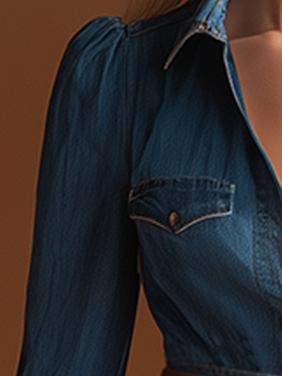 Fashionable Retro Long-sleeved Collared Blue Denim Mini Dress