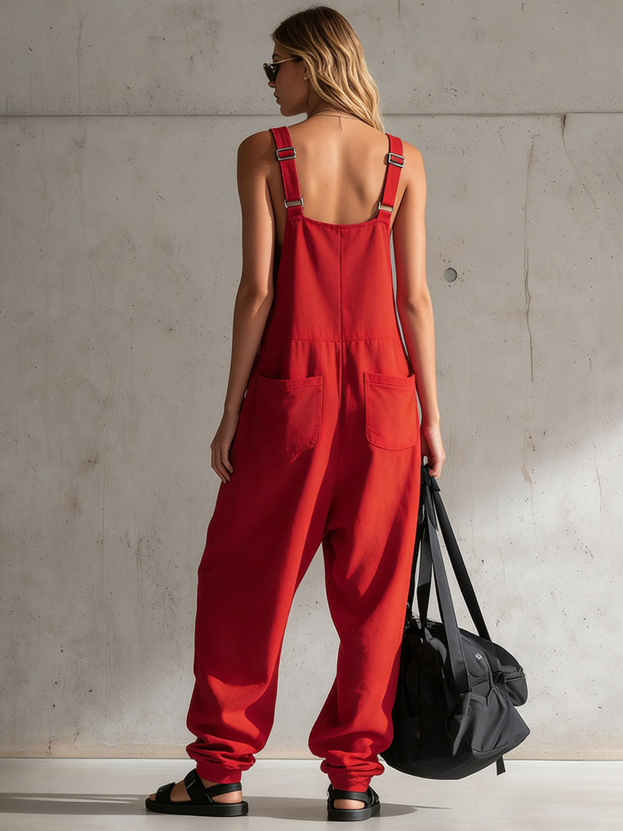 Loose-fitting Retro Sporty Red Cotton Sleeveless Jumpsuit Overalls