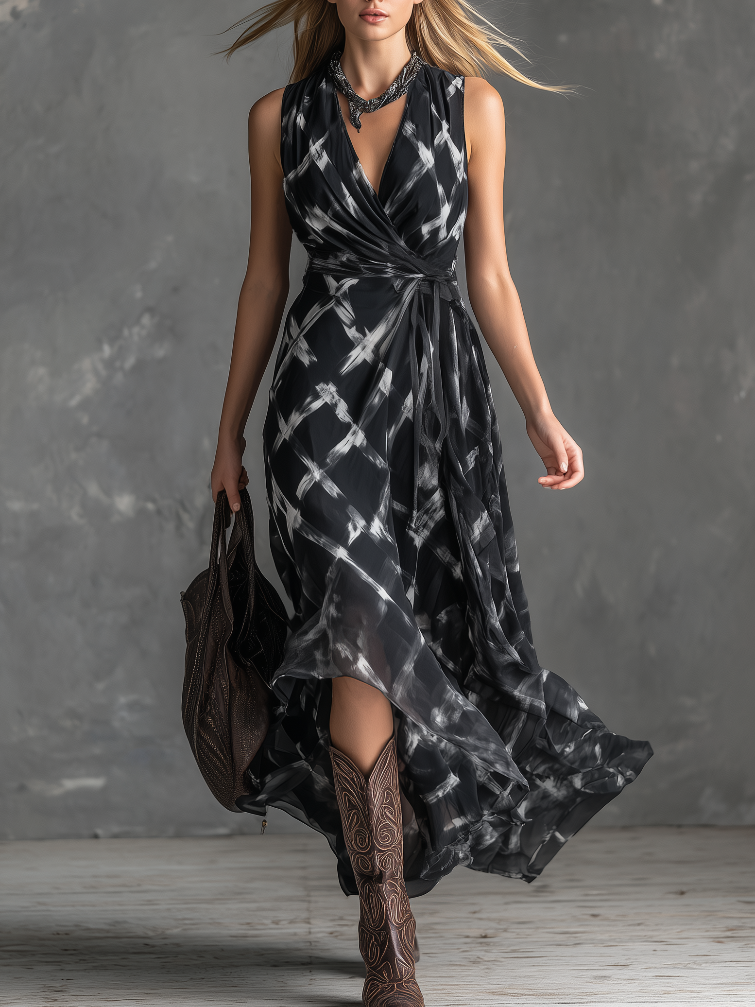 Stylish Retro V-neck Sleeveless Checkered Print Chiffon Maxi Dress