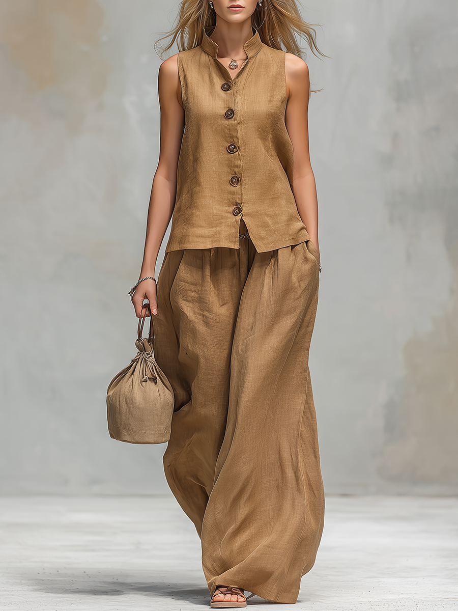 Comfortable And Casual V-neck Sleeveless Button-down Top And Trousers Set