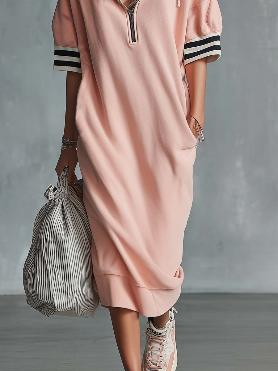 Casual Fashion Sporty Hooded Front Zipper Short-sleeved Cherry Blossom Pink Cotton Midi Dress