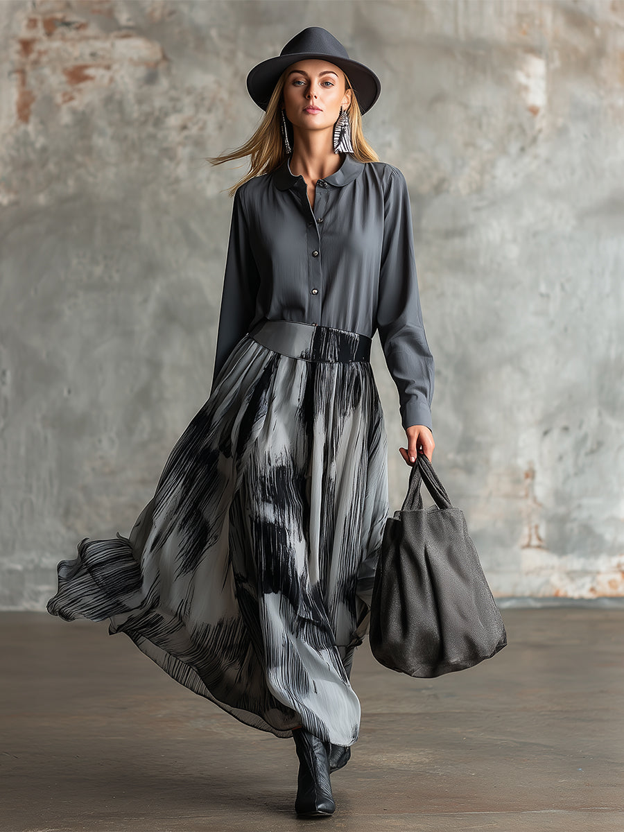 Artistic Grey Cotton Patchwork Chiffon Printed Maxi Dress