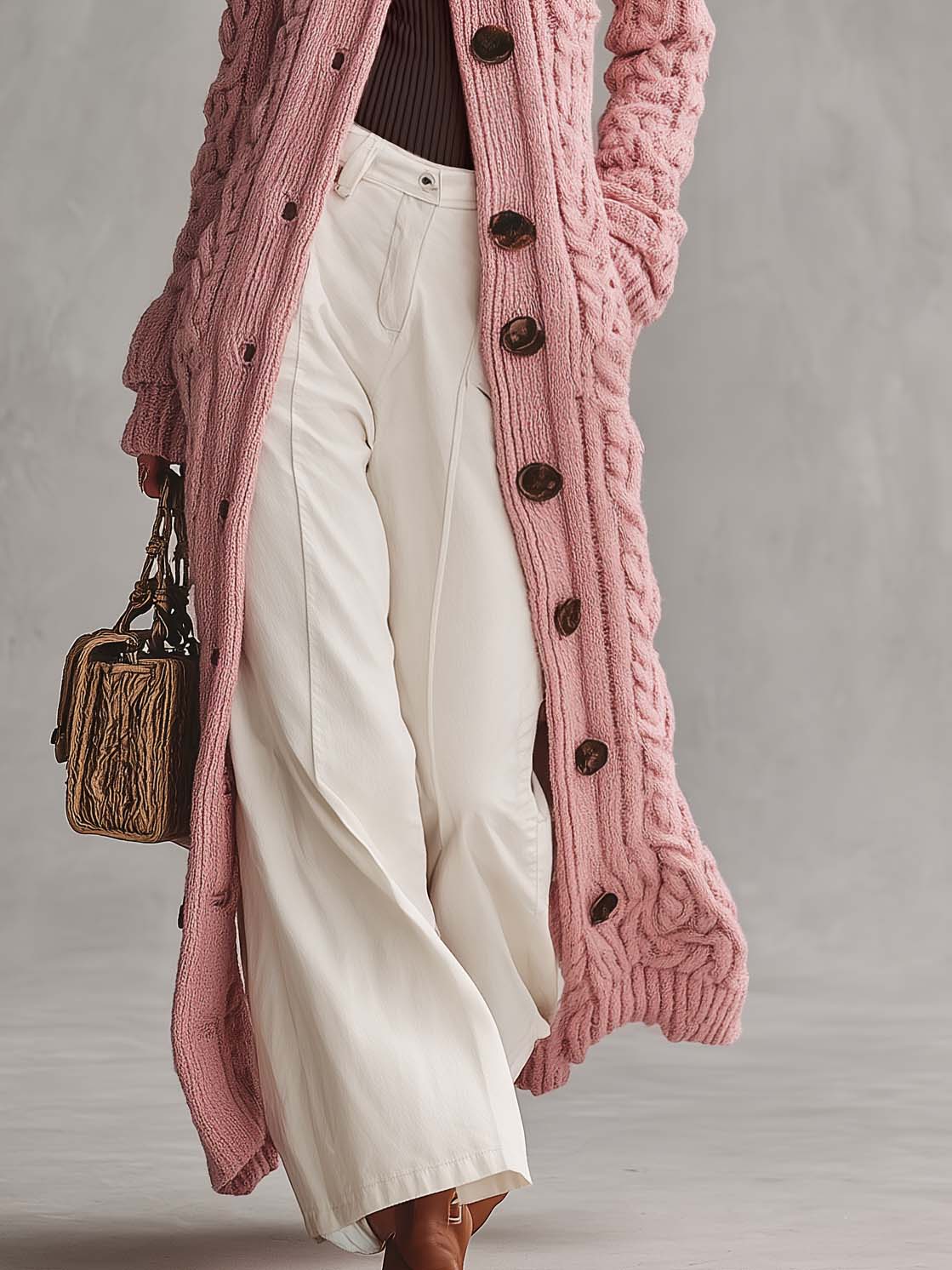 Retro Elegant Pink Chunky Cable Knit Mock Neck Button-Up Maxi Duster Cardigan