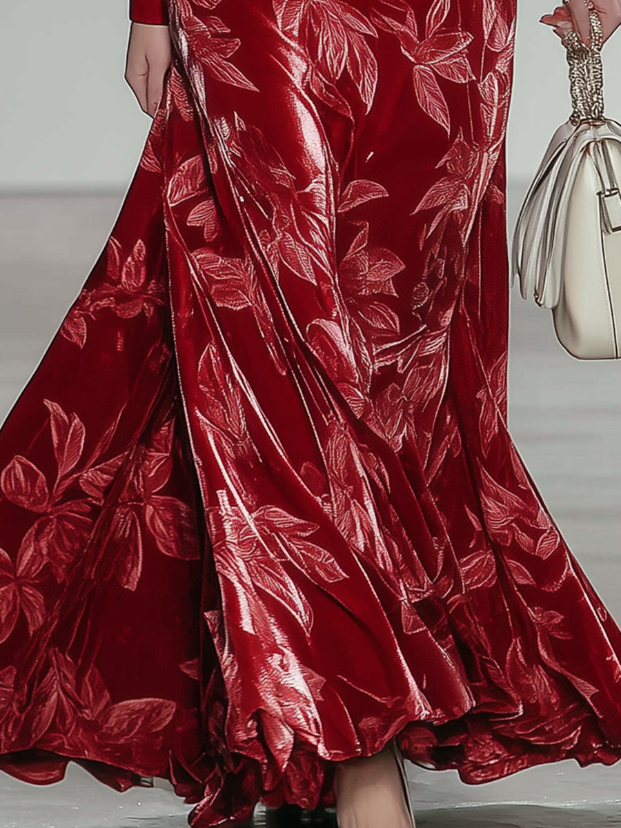 Elegant Red Velvet Maple Leaf Textured Suit Collar Maxi Dress