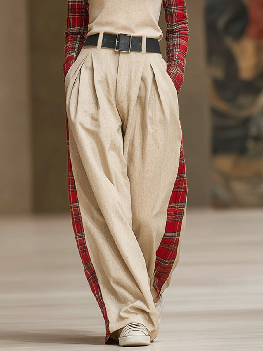 Red Checkered Patchwork Crew Neck Long-sleeved T-shirt And Loose Wide-leg Pants Set