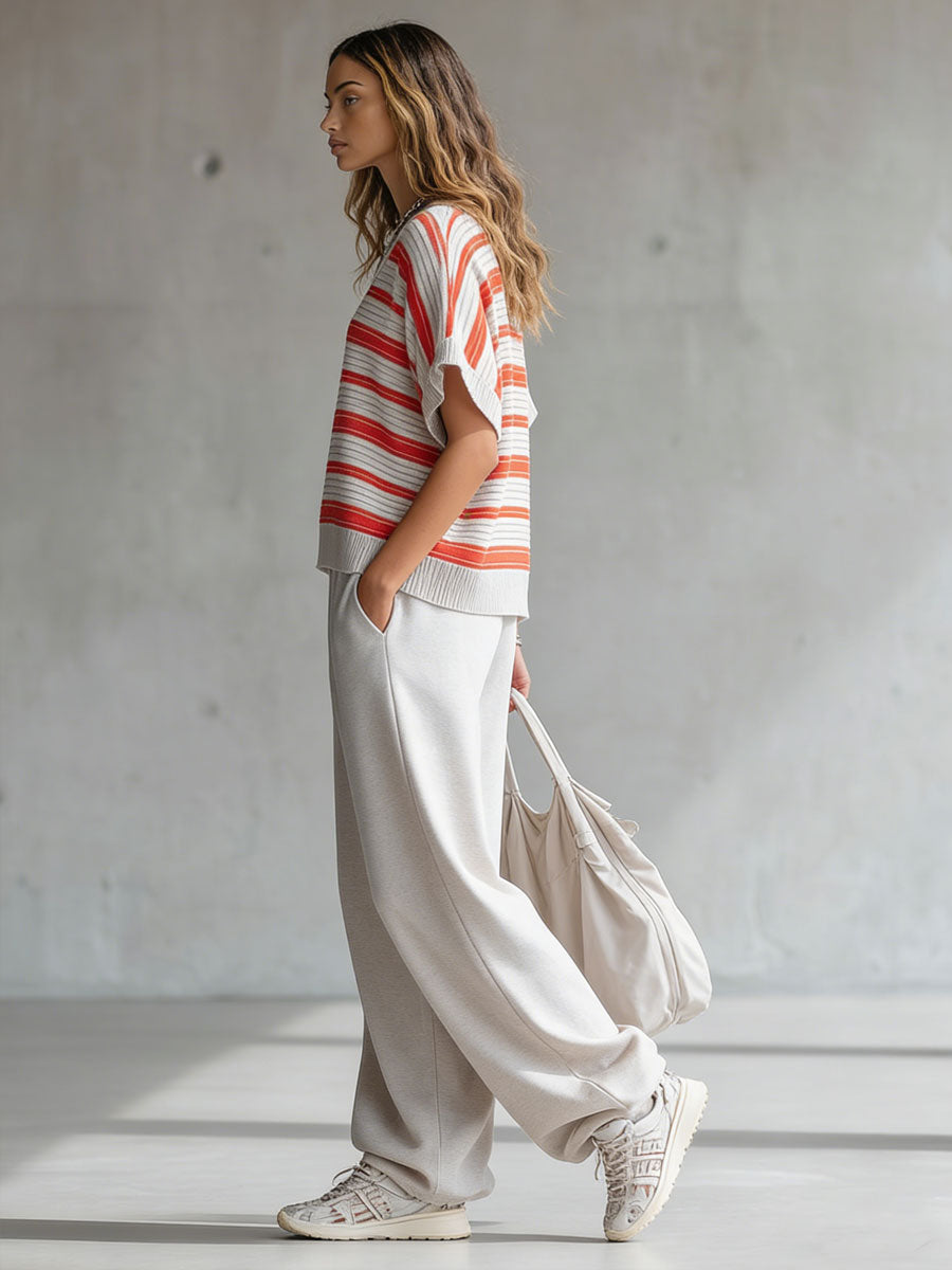 Retro Striped Knit Short-sleeved Shirt And Gray Pants Set