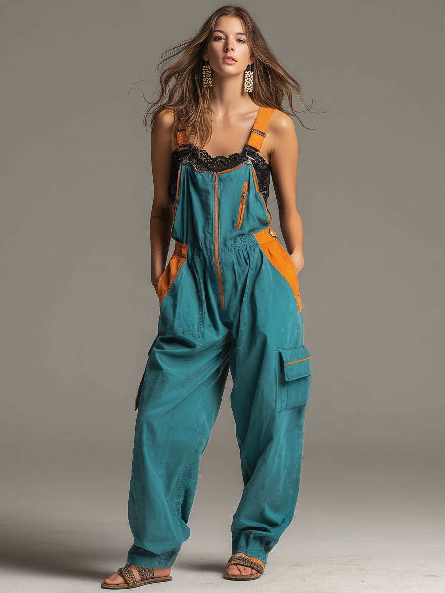 Casual Retro Orange And Lake Blue Cotton Overalls