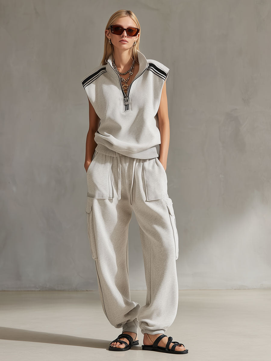 Casual Retro Sporty Gray And White Half-Zip Sleeveless Sweatshirt And Cargo Pants Set