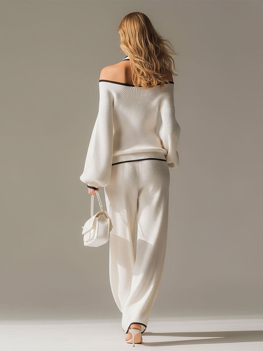 Elegant Color-blocked White Halter-neck Long-sleeved Knit Top And Pants Set