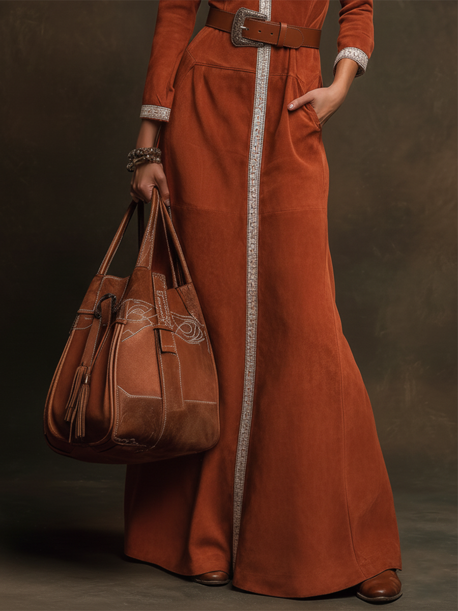 Minimalist Western-style V-neck White Suede Maxi Dress