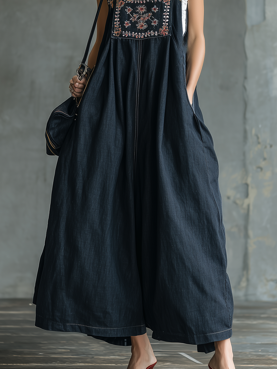 Retro Bohemian Embroidered Suspender Dark Blue Maxi Dress