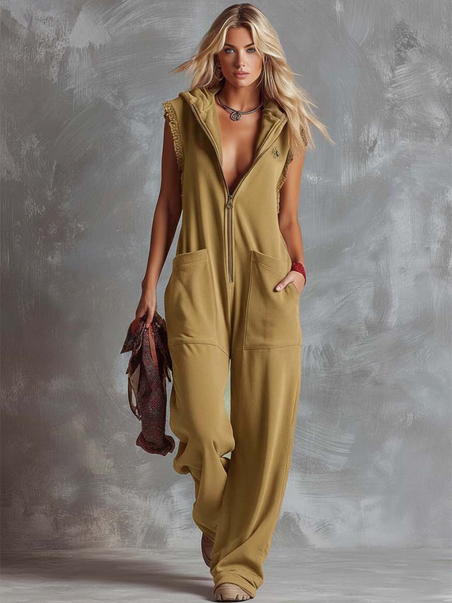 Retro Fashiona Sporty Hooded V-neck Front Zipper Raspberry Red Cotton Jumpsuit