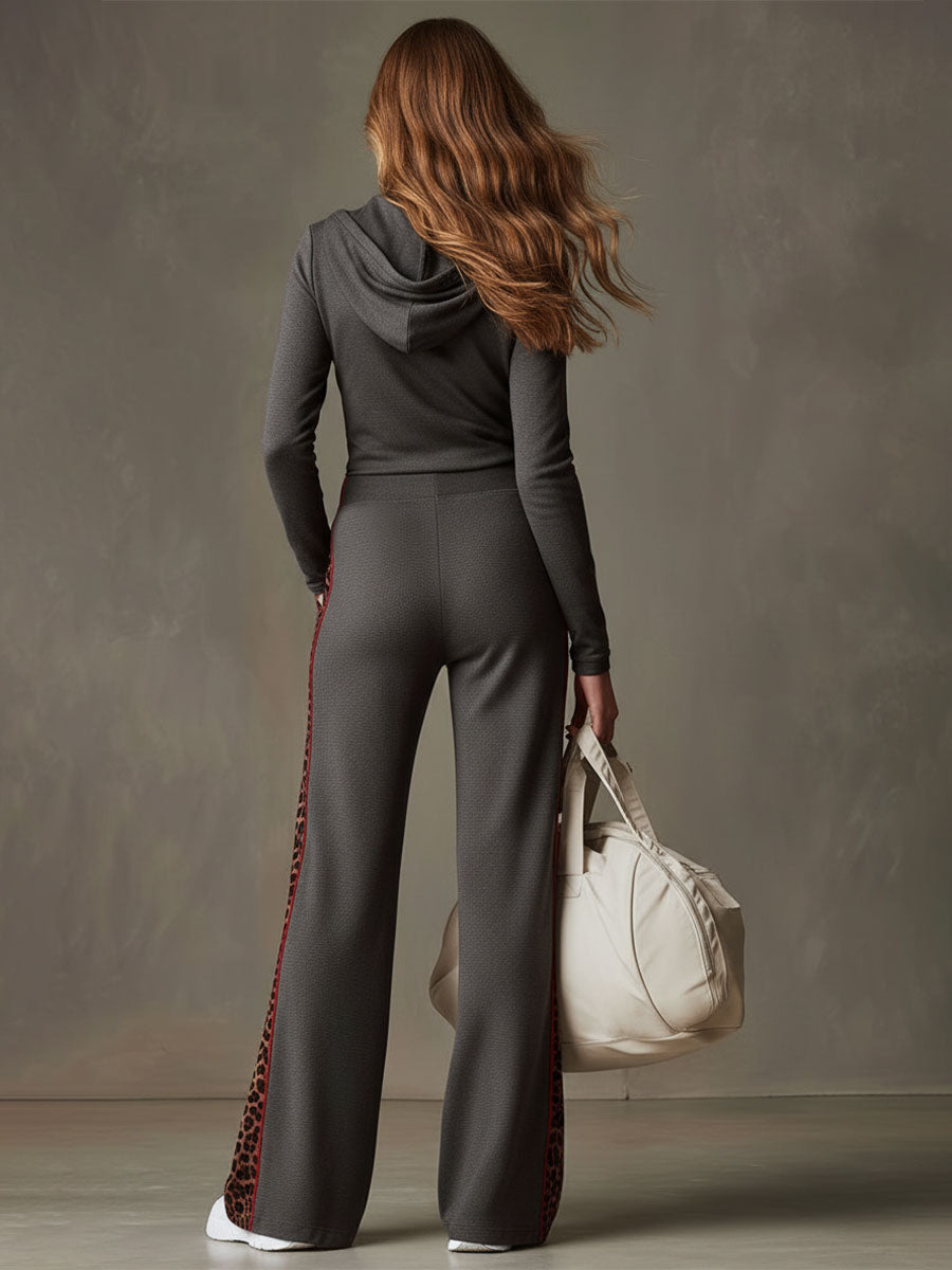 Sporty Retro Velvet Leopard Print Dark Gray Hooded Sweatshirt And Pants Set