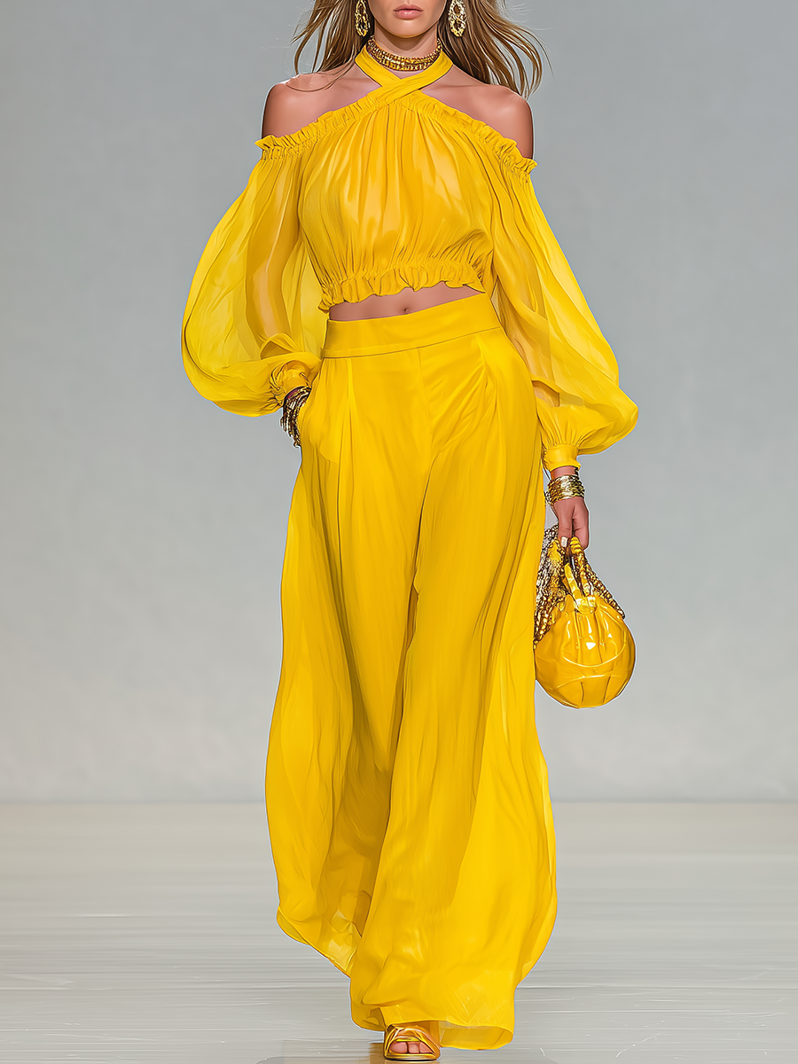 Elegant Urban Style Halter-neck Chiffon Top And Wide-leg Pants Set