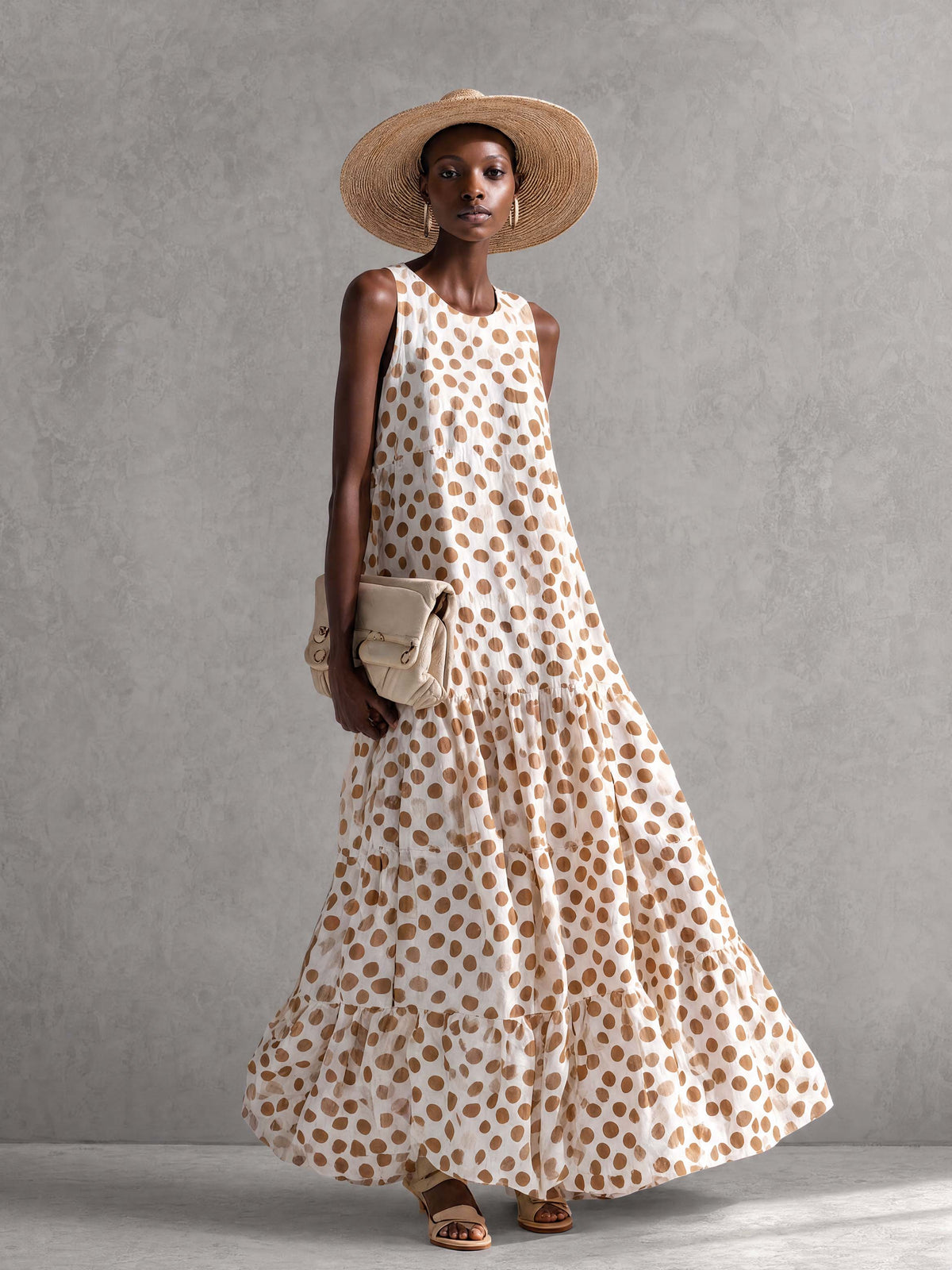 Fashionable Sophisticated Elegant Round Neck Sleeveless Polka Dot Printed Off-white Chiffon Vacation Maxi Dress