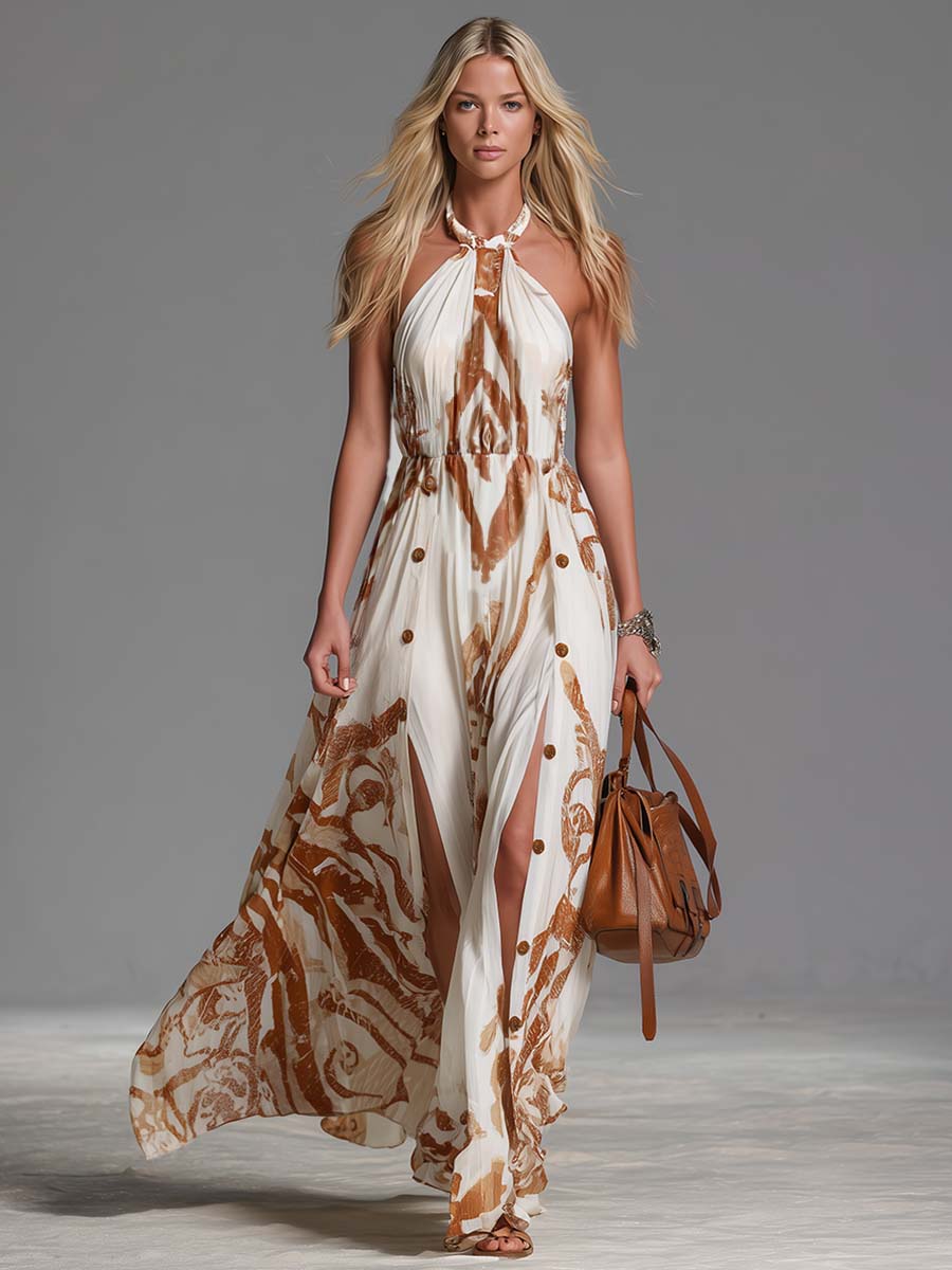 Vintage Bohemia Halter Neck Brown Western Print Off White Chiffon Split Maxi Dress