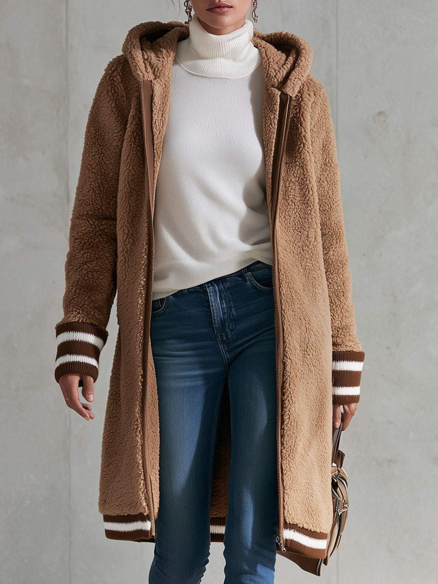 Casual Retro Striped Camel Double-faced Fleece Hooded Coat