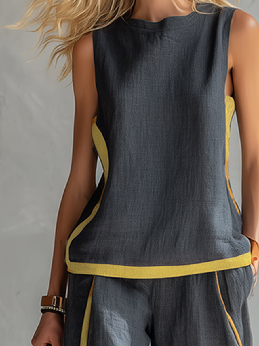 Elegant And Casual Two-tone Trim Gray Cotton And Linen Vest And Pants Set