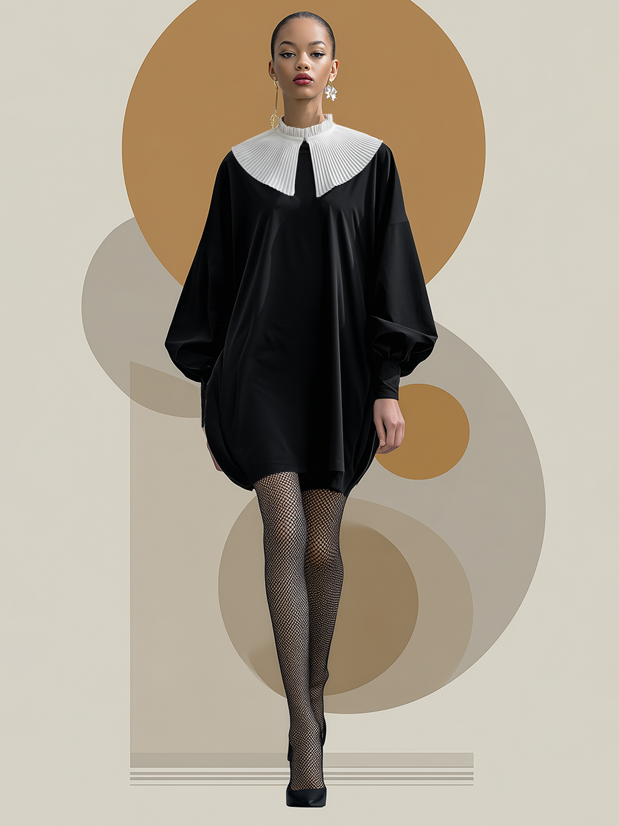 Elegant And Sophisticated White Lapel Black Matte Velvet Tulip-shaped Mini Dress