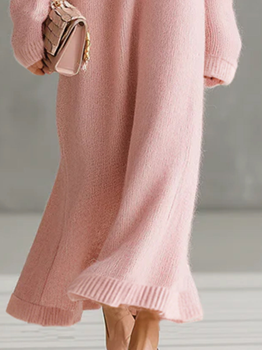 Pink Mohair One-shoulder Loose Maxi Dress
