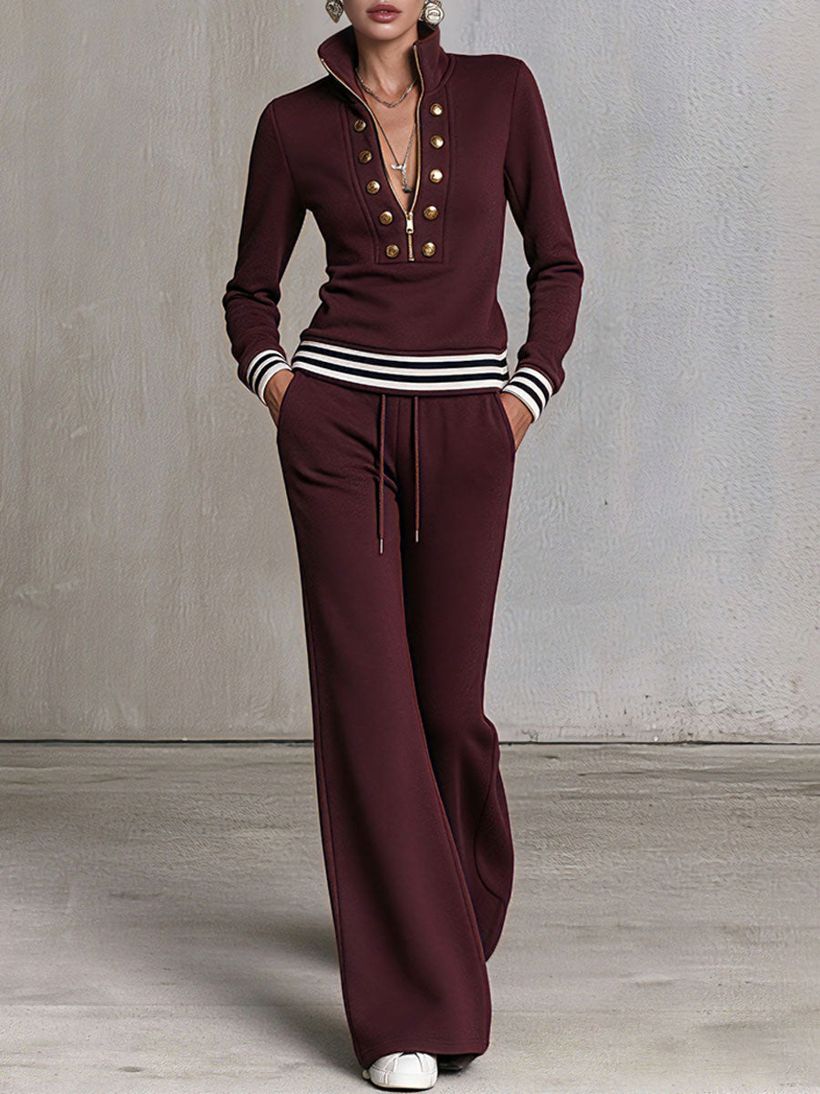 Fashionable Sporty Grey Half-zip Button Sweatshirt And Wide-leg Pants Set