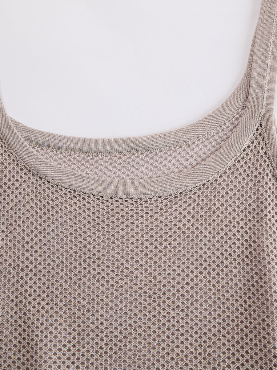 Vacation Retro Gray Mesh Knit Vest And White Cotton Linen Work Pants Set