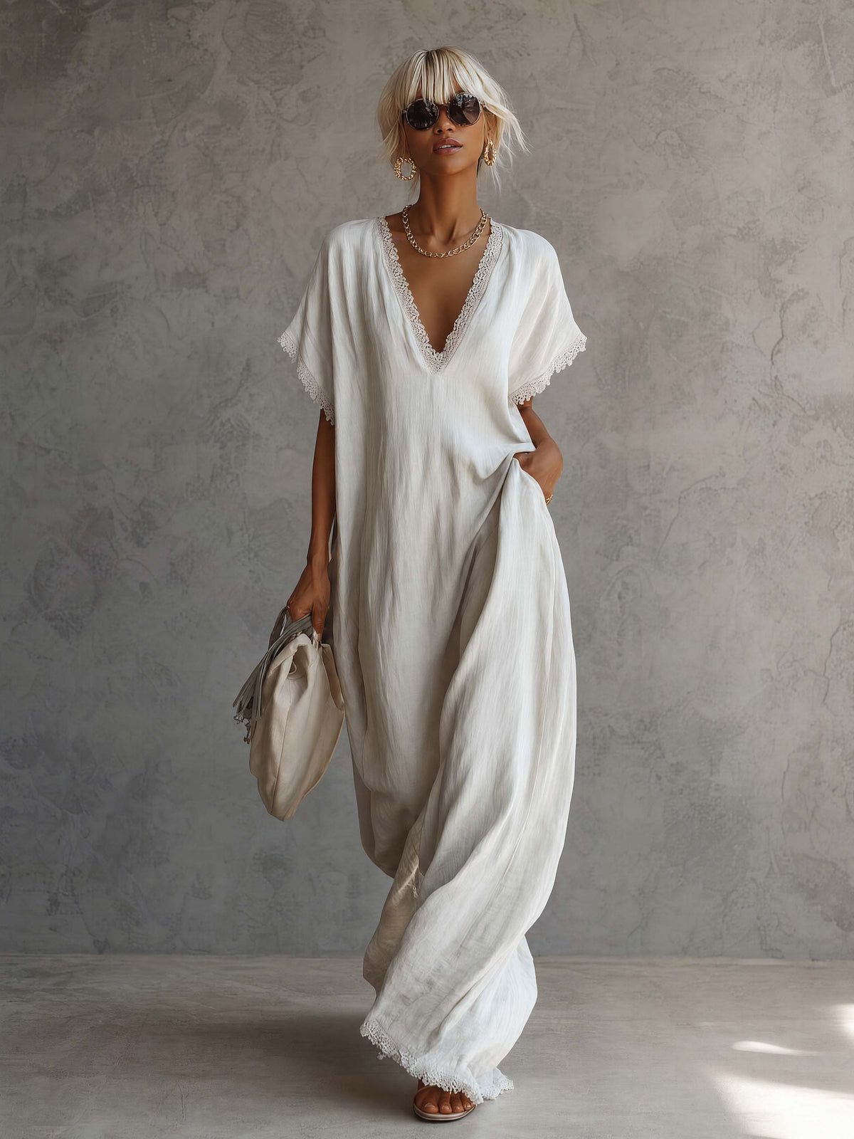 Casual Bohemian Urban V-neck Short-sleeved Lace Trim White Cotton Maxi Dress