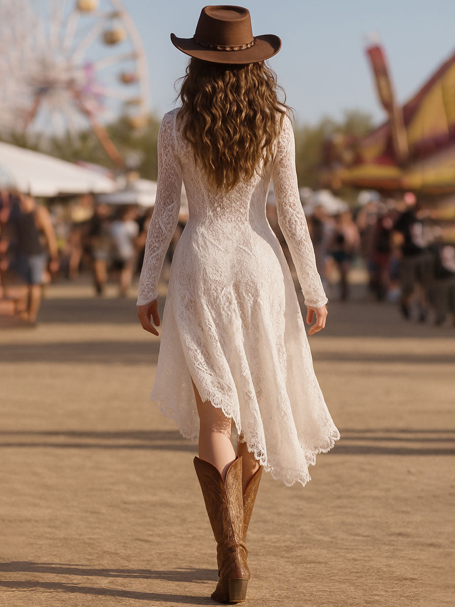 Retro Elegant White Lace Long Sleeve Slit Midi Dress