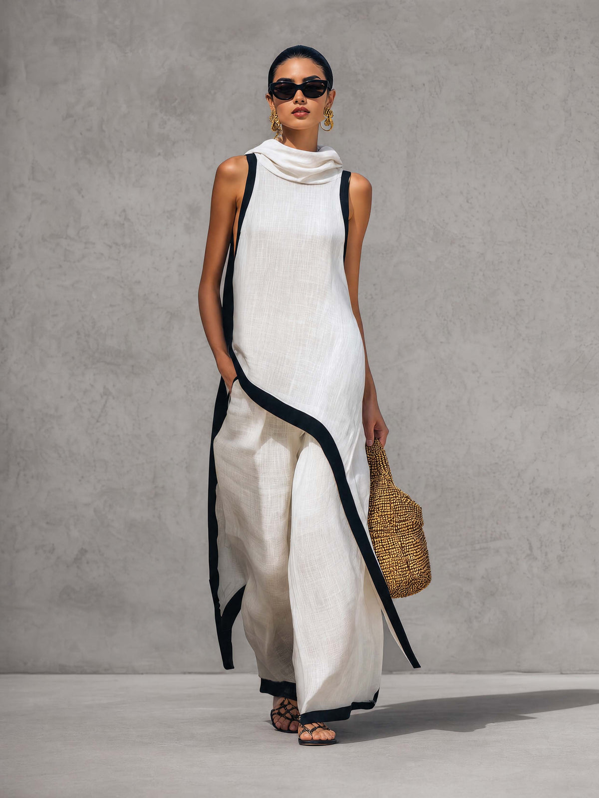 Temperament Casual Hooded White Black Trim White Cotton And Linen Asymmetrical Long Top And Pants Set