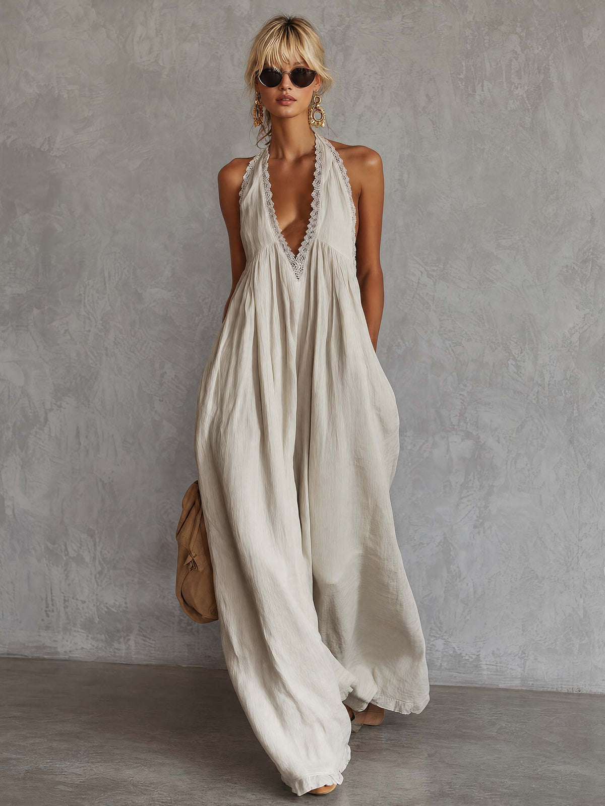 Retro Urban Bohemian V-neck Lace Trim Sleeveless Off-white Cotton Maxi Dress