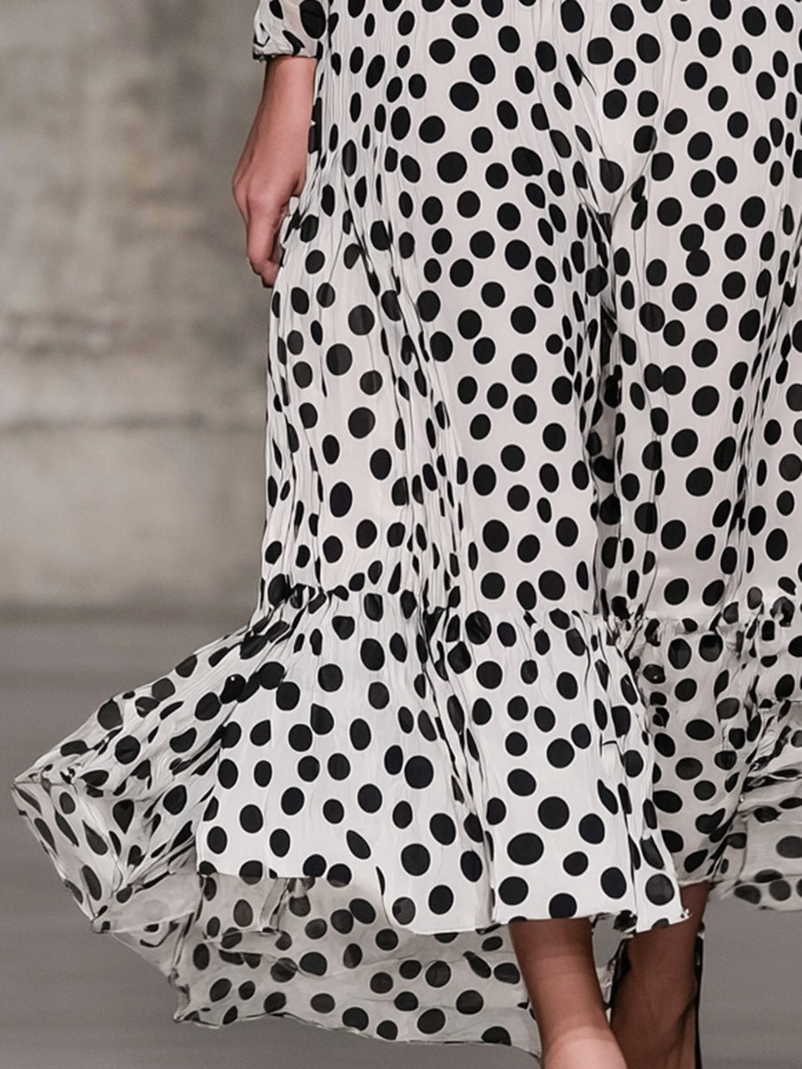 Retro Classic Black And White Polka Dot V-neck Maxi Dress