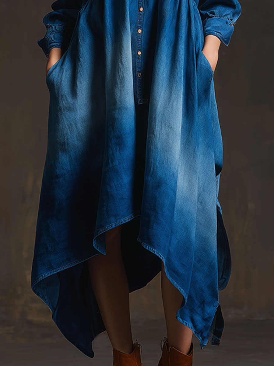 Casual Retro Gradient Dark Blue Denim Long-sleeved Cardigan, Irregular Maxi Dress