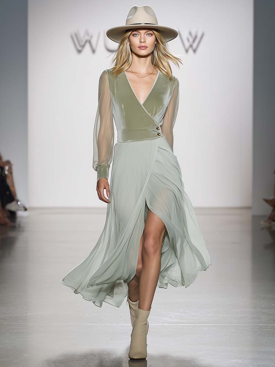 Elegant Flowing V-neck Mint Green Velvet And Chiffon Patchwork Slit Midi Dress