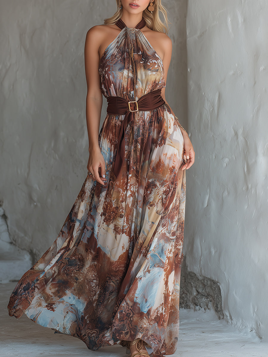 Chic Vacation-Style Brown Impression-Print Chiffon Halter Sleeveless Maxi Dress