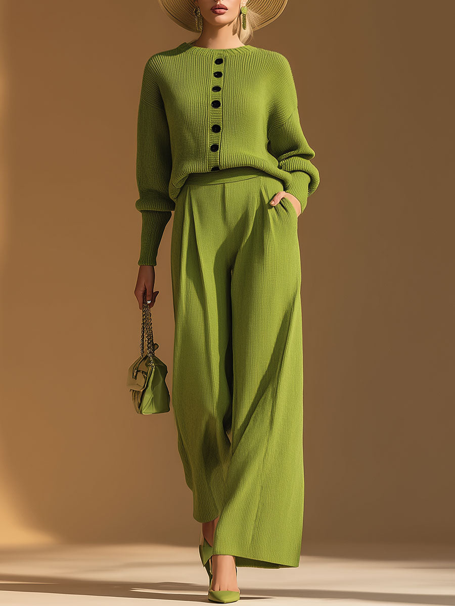 Retro Casual Green Crew Neck Knitted Cardigan And Trousers Set