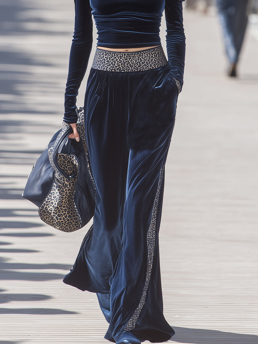 Stylish And Casual Leopard Print Trim Dark Blue Velvet Off-shoulder Top And Trousers Set