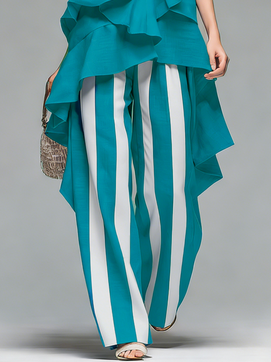 Stylish And Casual Round Neck Ruffled Sleeveless Top And Striped Trousers Set