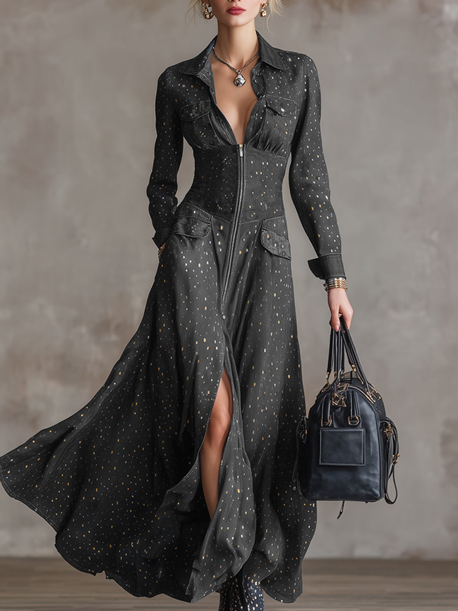 Elegant Polka Dot Gold Foil Gray Tencel Denim Maxi Dress
