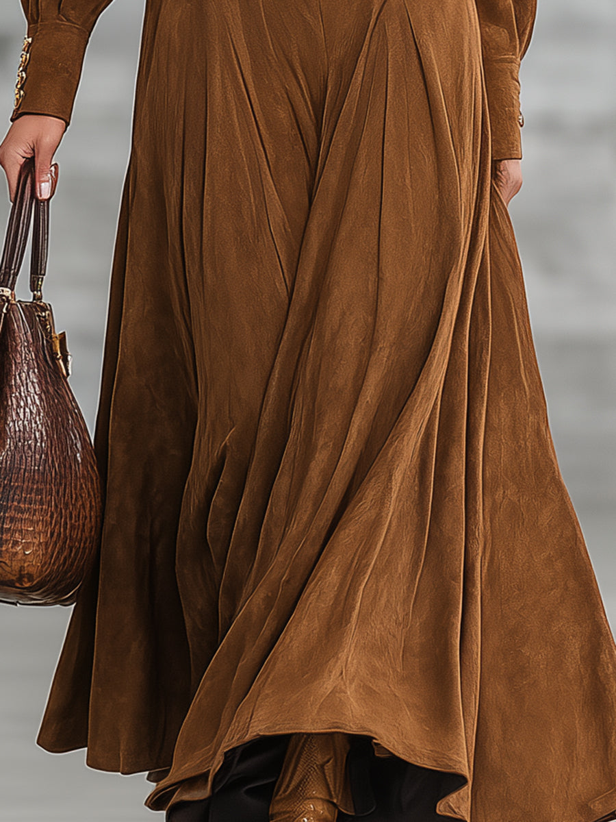 Western Brown Faux Suede Collar Button Maxi Dress