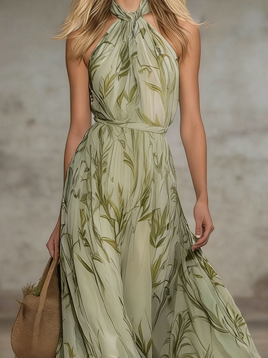 Elegant Leaf Print Halter Neck Chiffon Sleeveless Maxi Dress