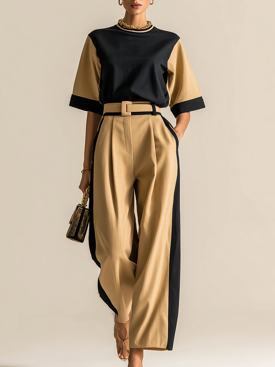 Elegant Retro-style Color-blocked Short-sleeved T-shirt And Wide-leg Pants Set
