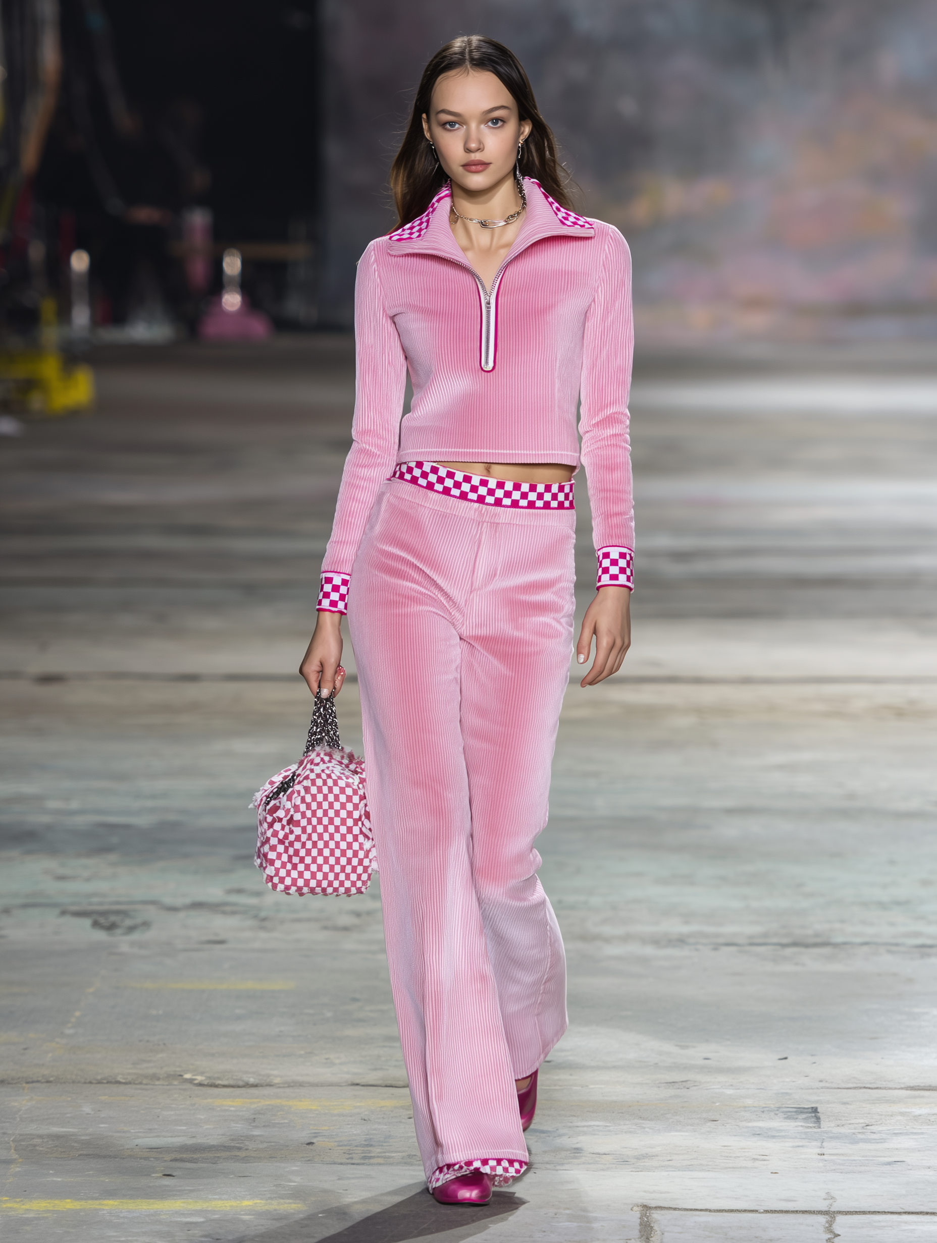 Stylish Pink Corduroy Patchwork Plaid Top And Long Pants Set