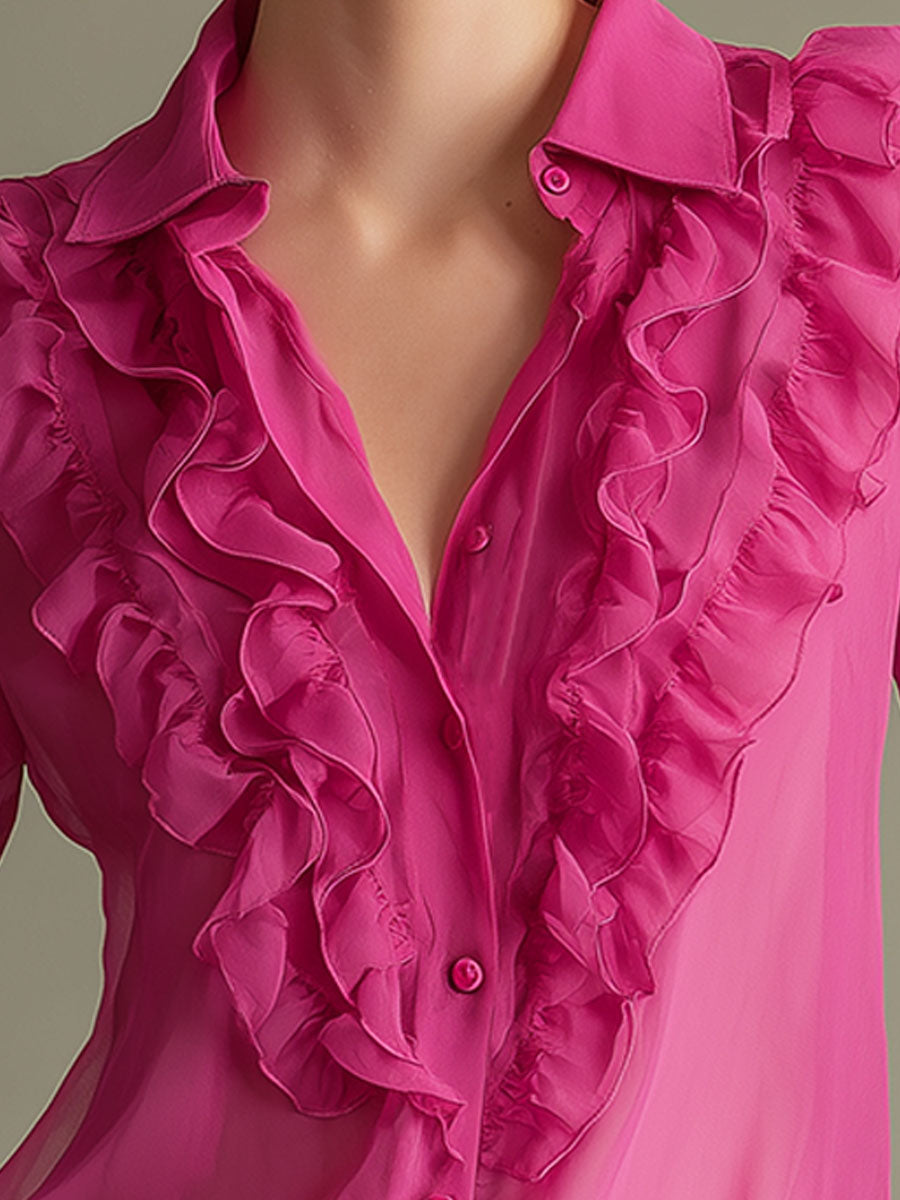 Fashionable Retro Pink Ruffled Chiffon Shirt
