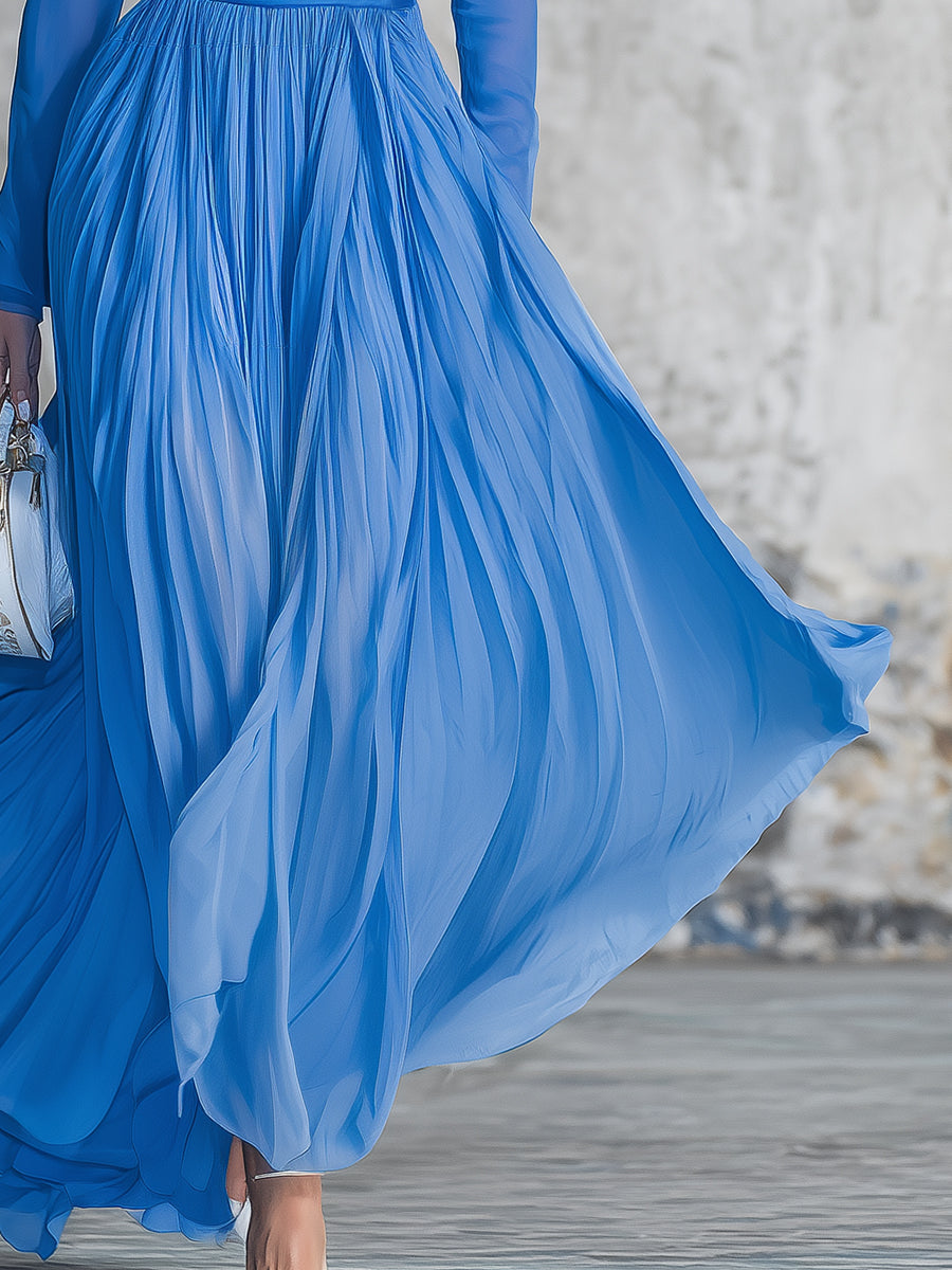 Stylish Blue Pleated Chiffon V-neck Maxi Dress