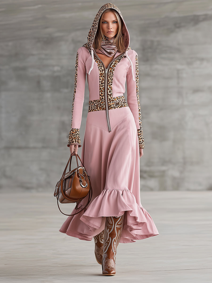 Fashionable Pink Hooded Patchwork Leopard Print Flared Skirt Maxi Dress