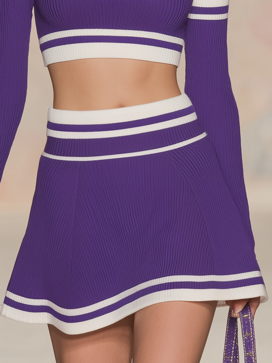 Athletic Casual Off-the-shoulder Long-sleeved Top And Mini Skirt Set